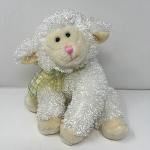 Ty Lamb Sheep Small White Curly Fur Plaid Bow Easter Beanie Buddies 2006 9"